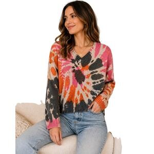 Lisa Todd Catching Rays Tie-Dye Cotton Blend Sweater Women S Pink Gray V Neck